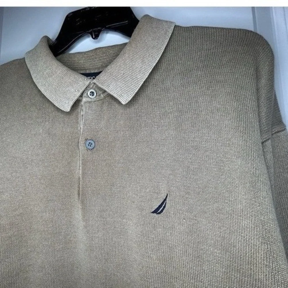 Vintage 90's Y2k Nautica Beige Long Sleeve Rugby Polo Shirt Sz Mens XXL‎